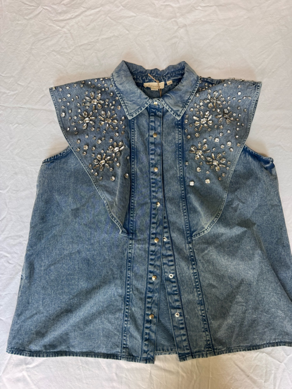 Anthropologie Embellished Light Blue Denim Sleeveless Shirt